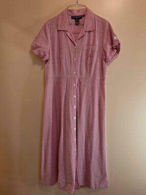 J. G. Hook Petite Searsucker Shirt Dress Button Front Red/White Dress 14P